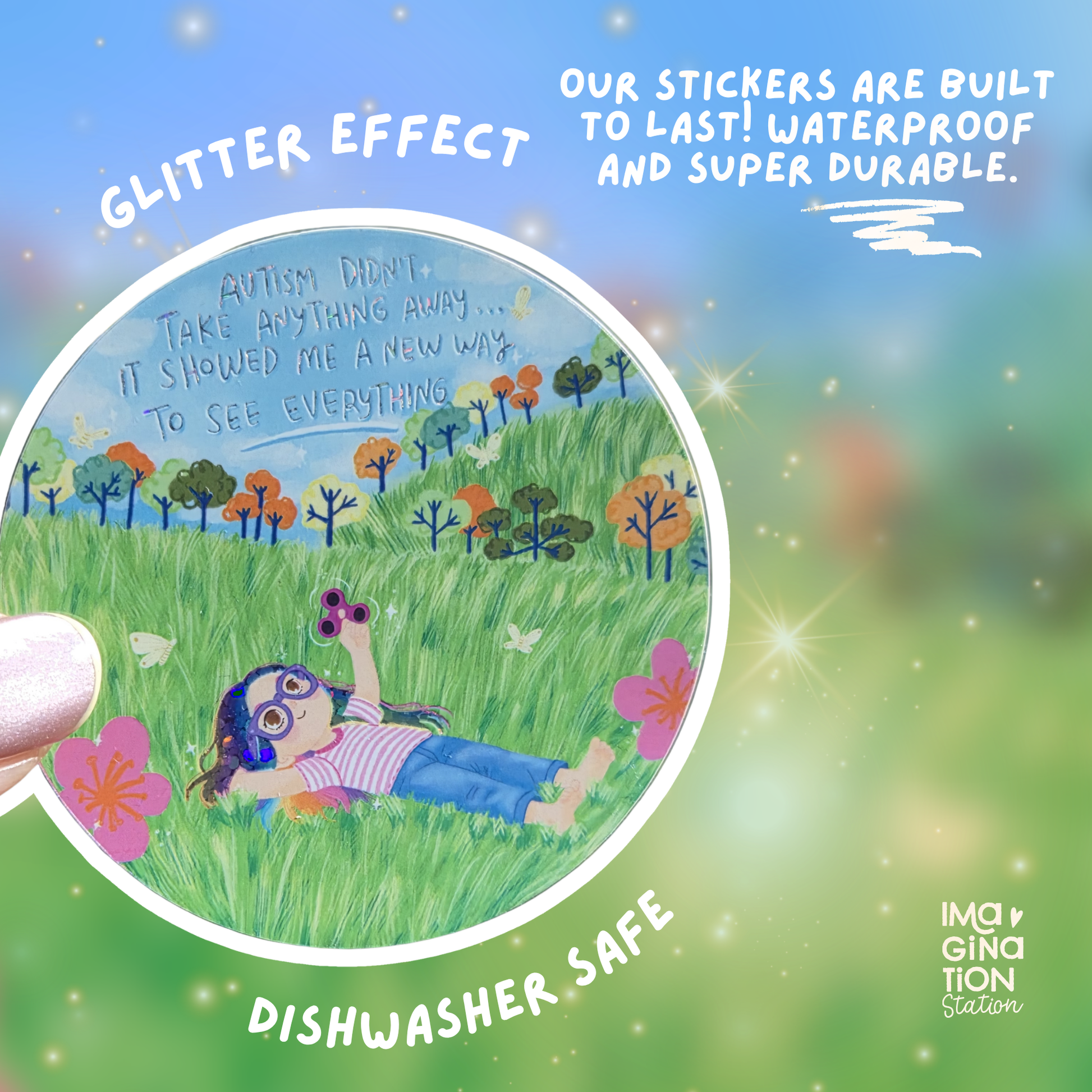 Different Not Less autism awareness sticker held by hand – 2.5 inch glitter effect waterproof vinyl decal