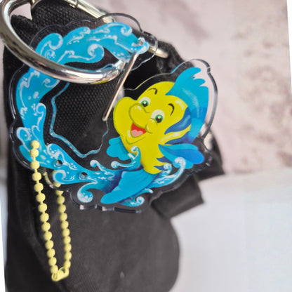 Flounder Little Mermaid carabiner detail – vibrant full-color Ariel fish acrylic charm