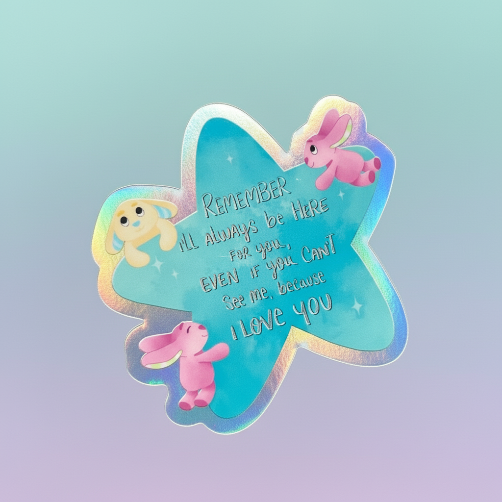 Butterfly-shaped sticker with cartoon characters and text held against a green leafy background