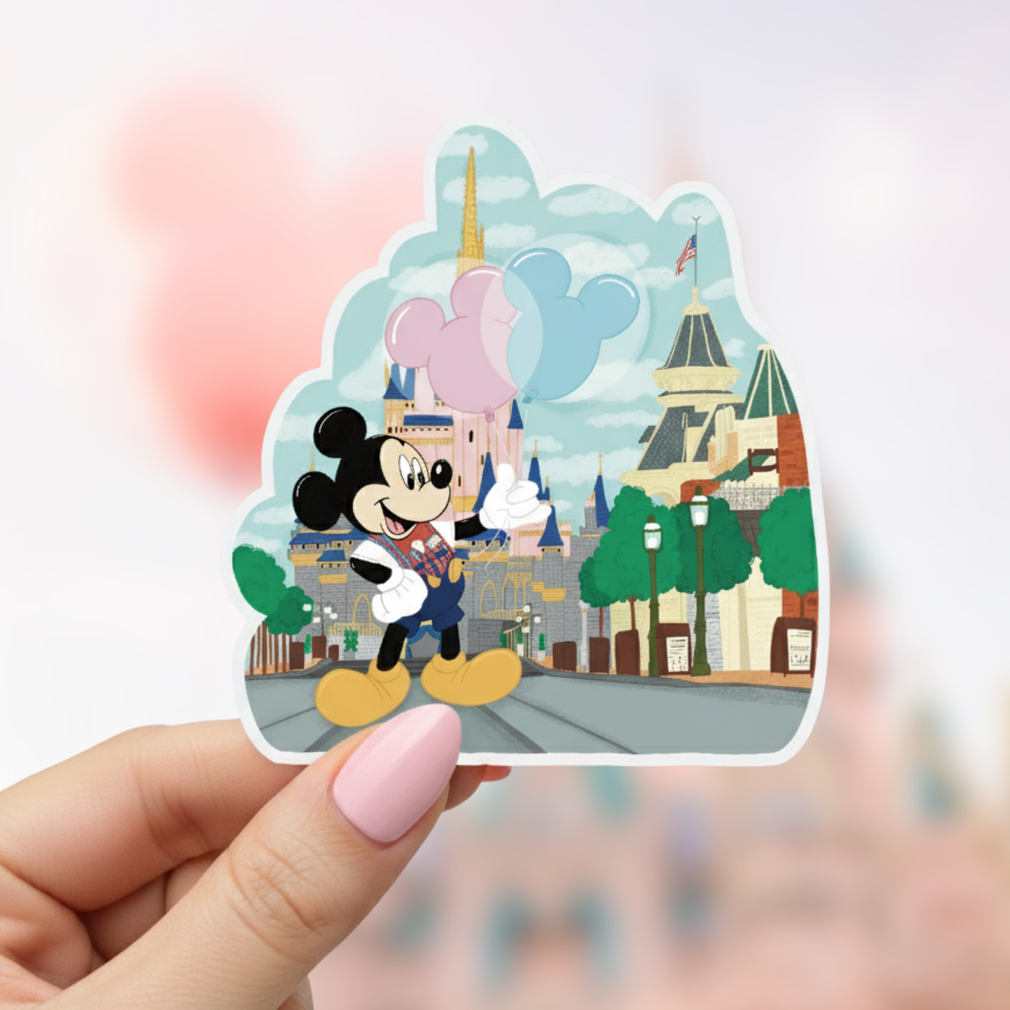 Sticker of Mickey Mouse in front of a castle with colorful background
