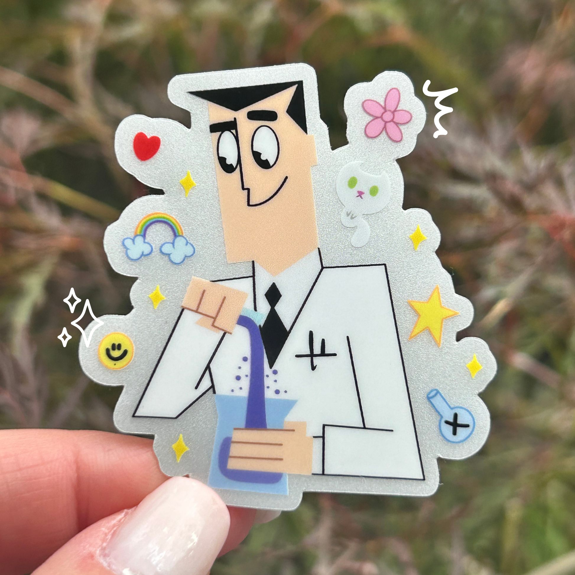 Professor Utonium Powerpuff Girls sticker held by hand – reflective glossy 90s vinyl