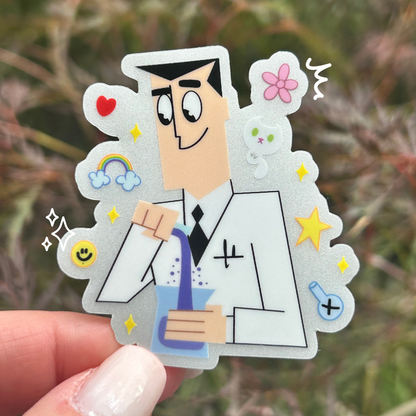 Professor Utonium Powerpuff Girls sticker held by hand – reflective glossy 90s vinyl