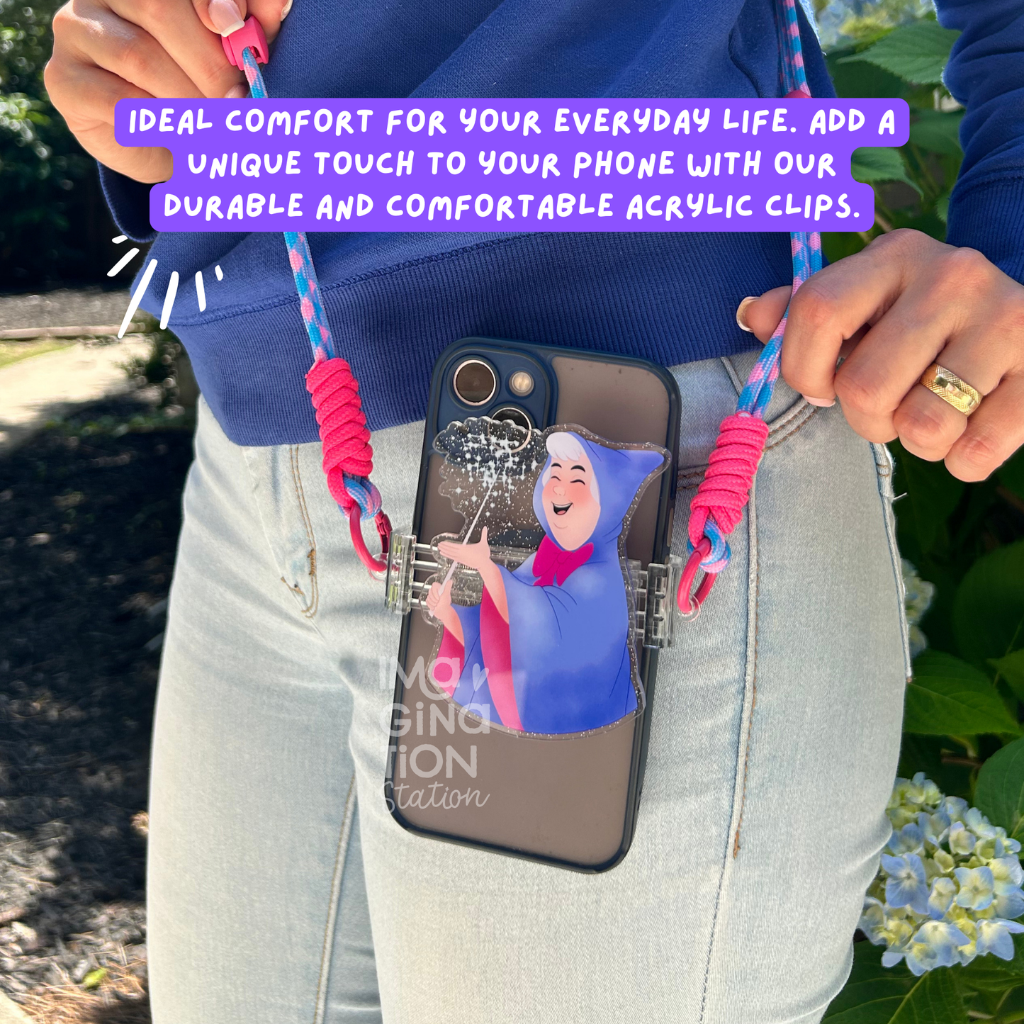 Fairy Godmother phone clip on phone – Cinderella acrylic Disney lanyard accessory