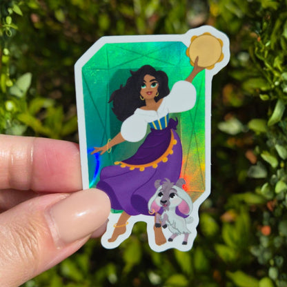Sticker of a character in a purple dress with a goat, held against a green leafy background.