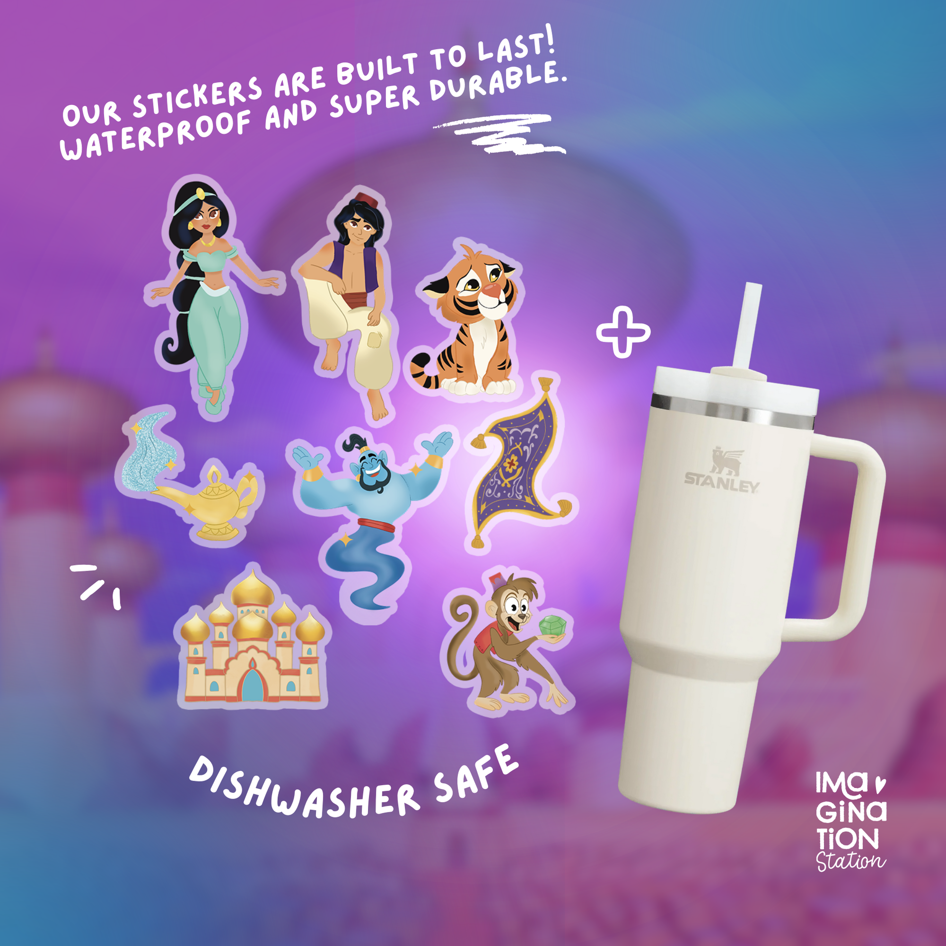 Cartoon stickers of characters from a popular animated series next to a white tumbler with a straw on a colorful background.