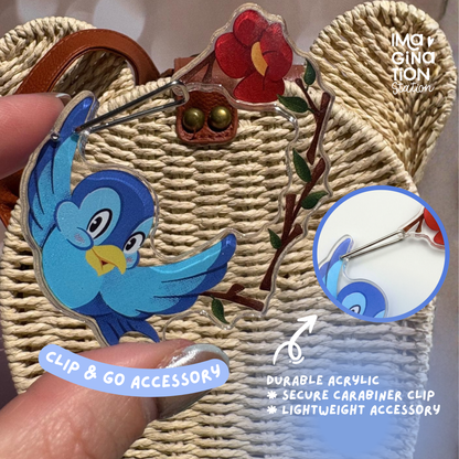 Blue bird clip on a straw bag with text highlighting features