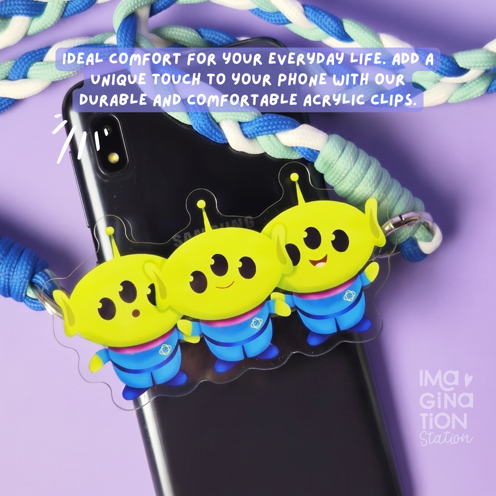 Aliens phone clip on phone – Little Green Men Toy Story acrylic Disney lanyard grip