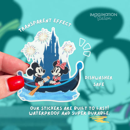 Mickey and Minnie Gondola sticker held by hand – clear glossy waterproof Disney vinyl decal
