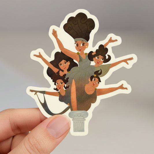 Sticker design of a multi-armed figure with 'The Muses' text and 'Imagination Station' branding on a colorful background.