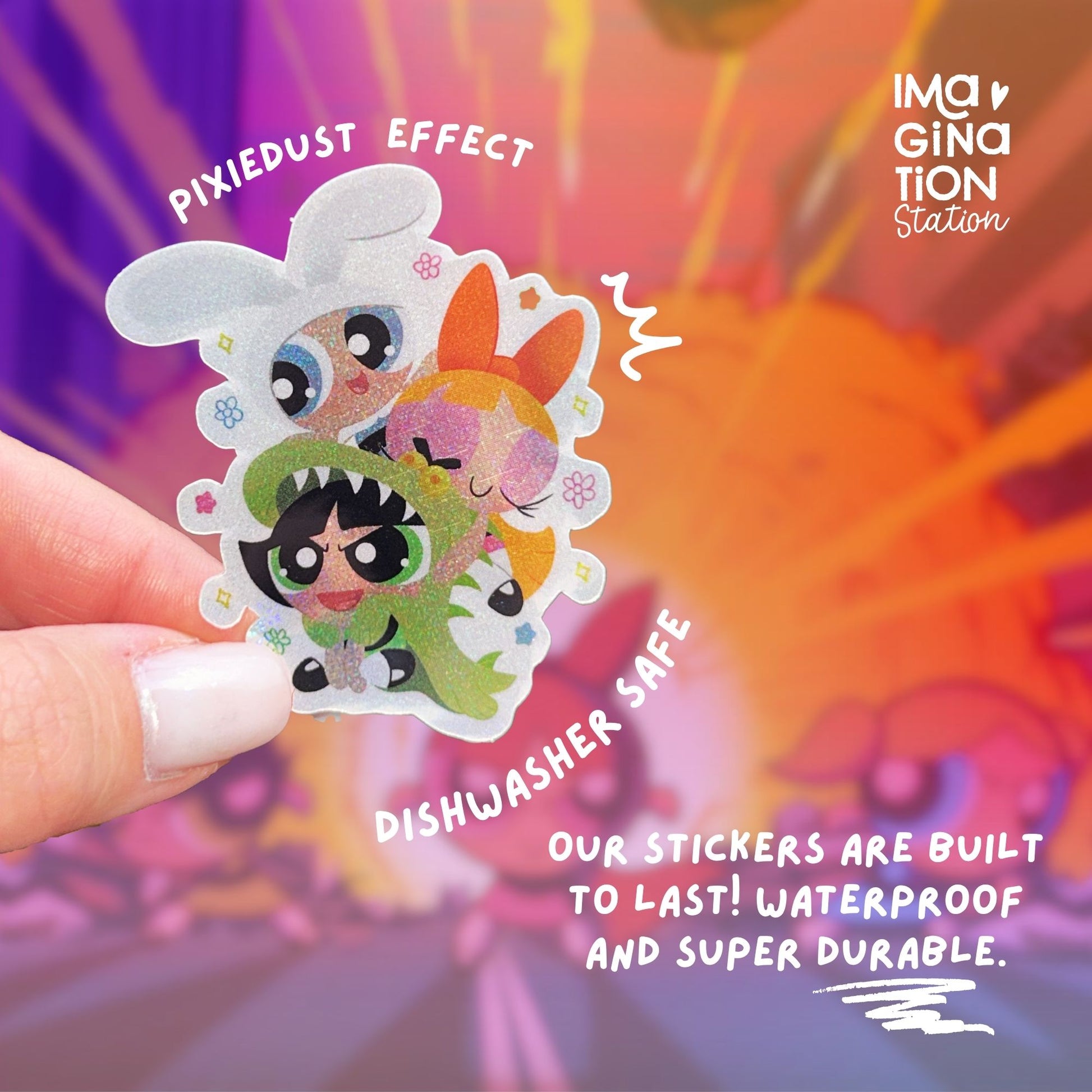 Powerpuff Girls sticker held by hand – pixie dust glossy 90s cartoon waterproof vinyl