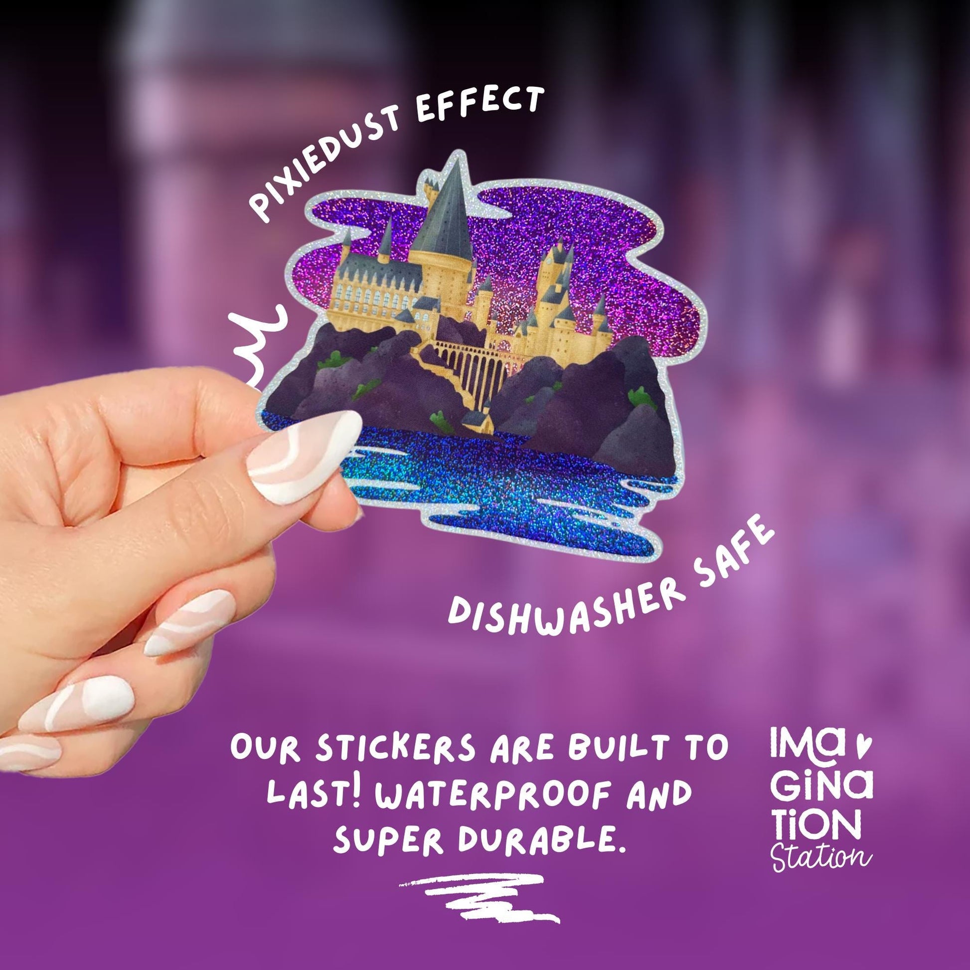 Hogwarts Castle Harry Potter sticker held by hand – pixie dust glossy waterproof vinyl