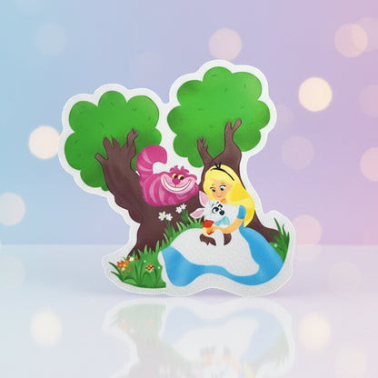 Cartoon character with a caterpillar and tree on a colorful background