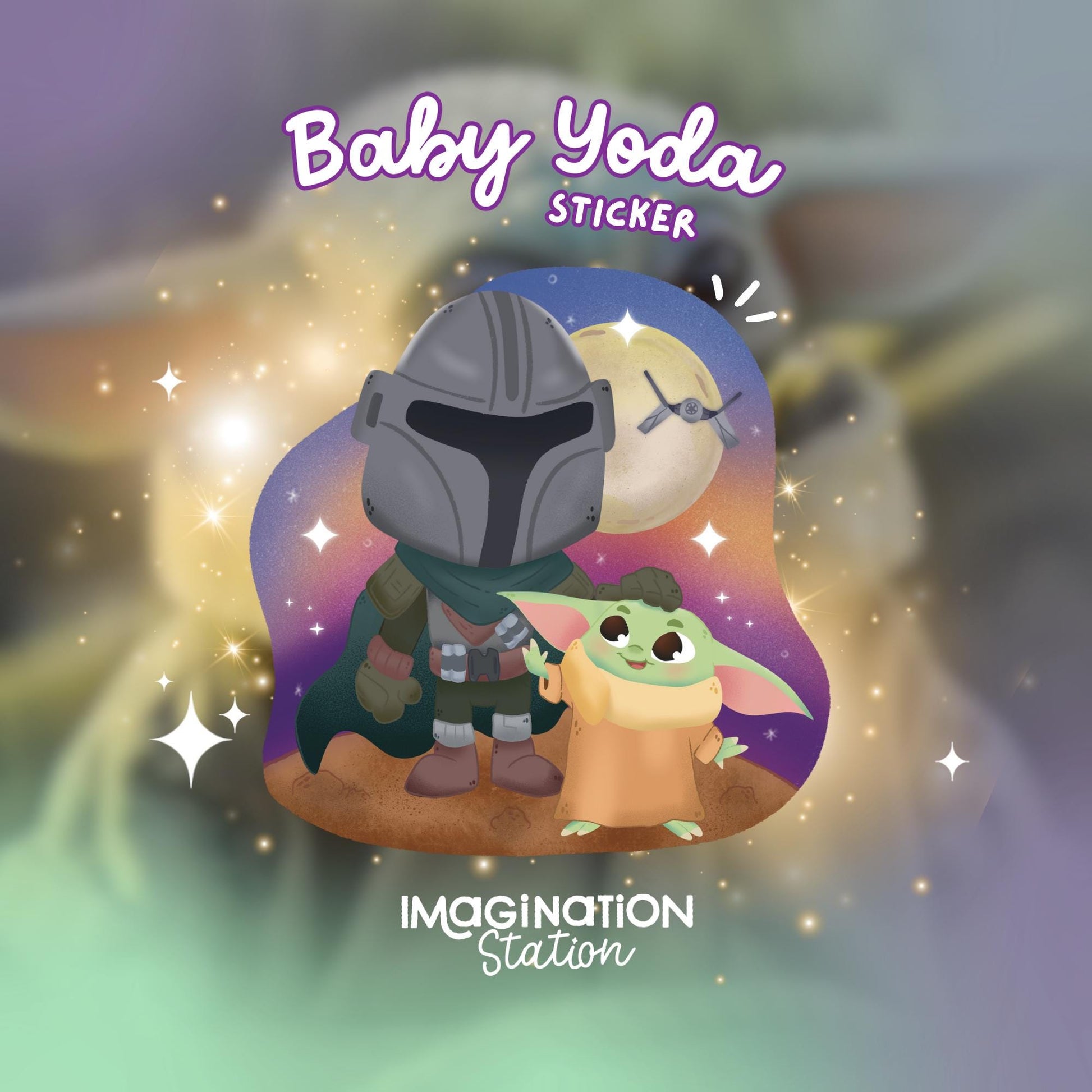 Sticker design of a character and Baby Yoda with 'Imagination Station' branding.