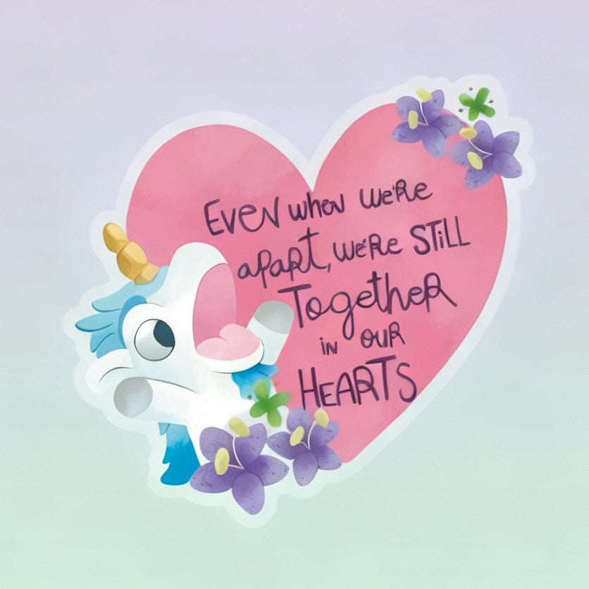 Sticker design with a heart, unicorn, and flowers on a blue background