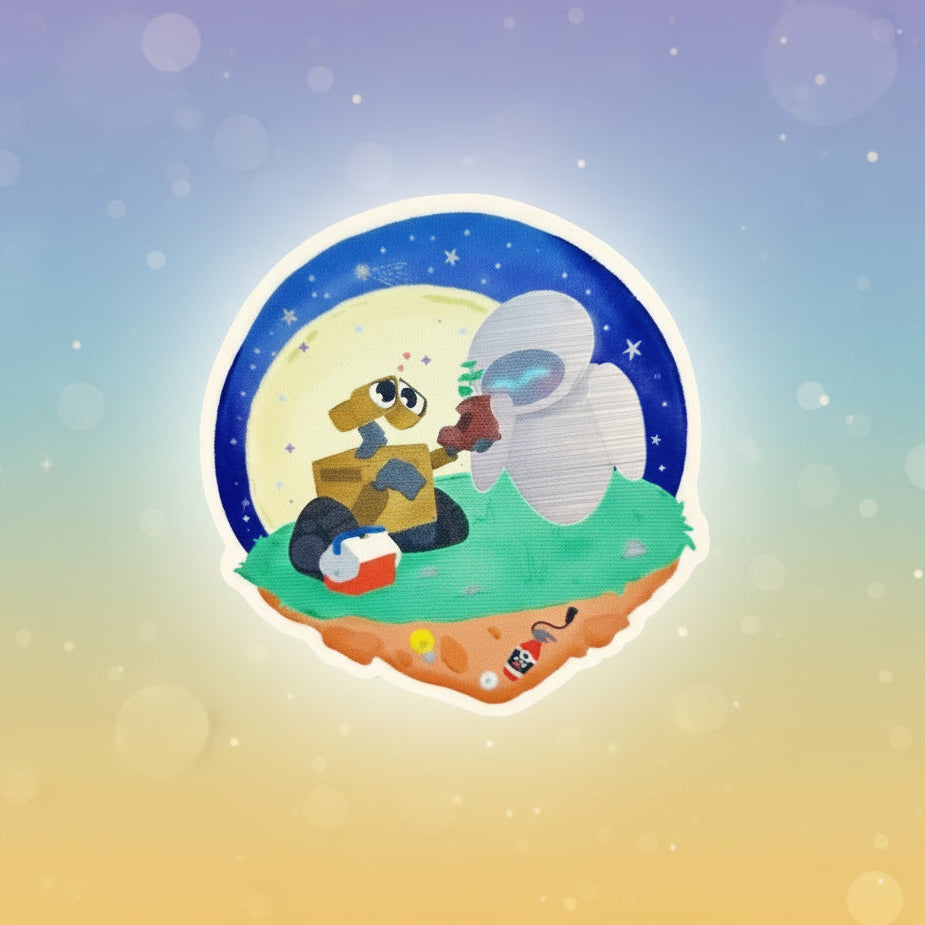 Wall-E sticker with Wall-E and E.V.E. on a planet, labeled 'Wall-E Sticker Imagination Station' on a gradient background.