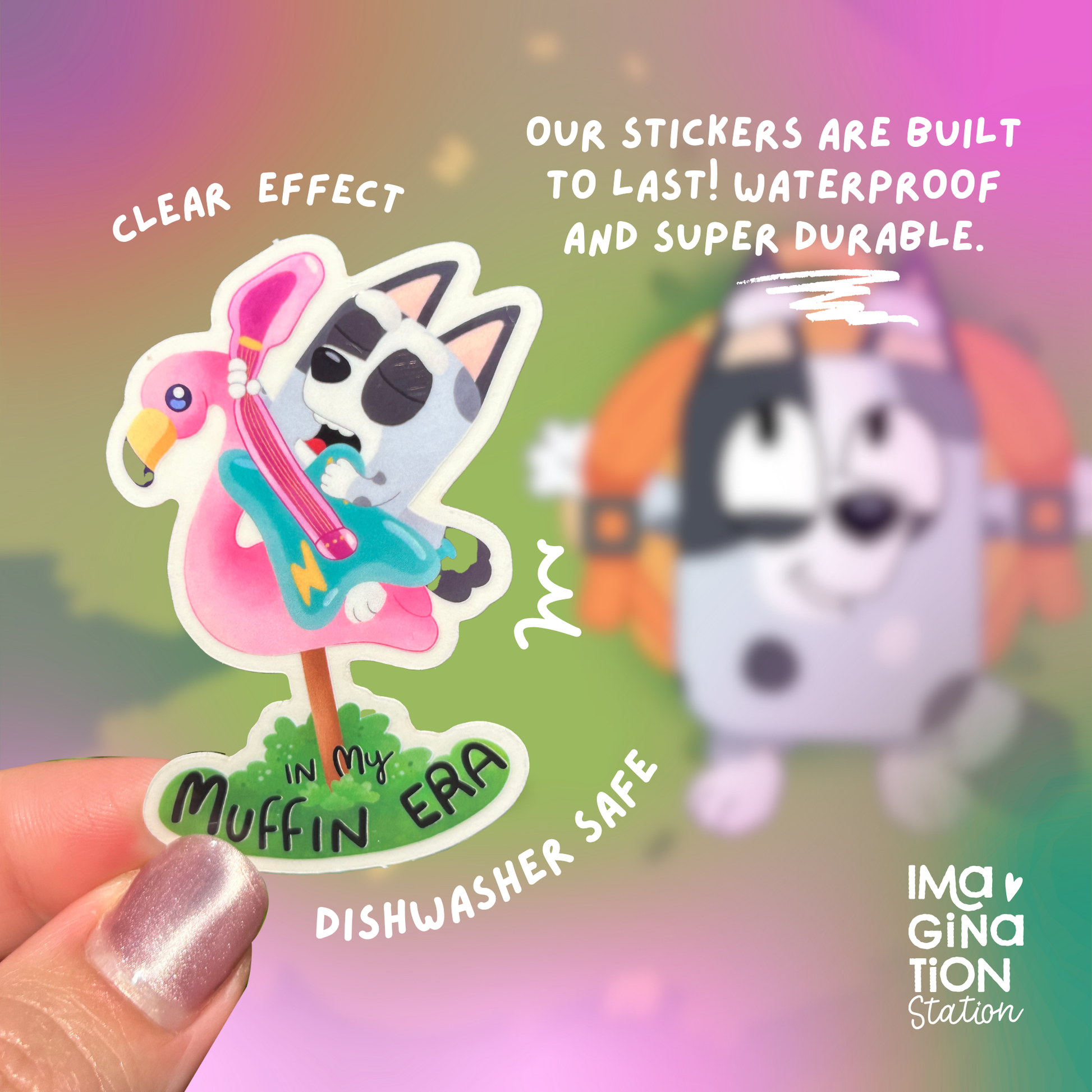 In My Muffin Era Bluey sticker held by hand – clear glossy waterproof Disney vinyl decal
