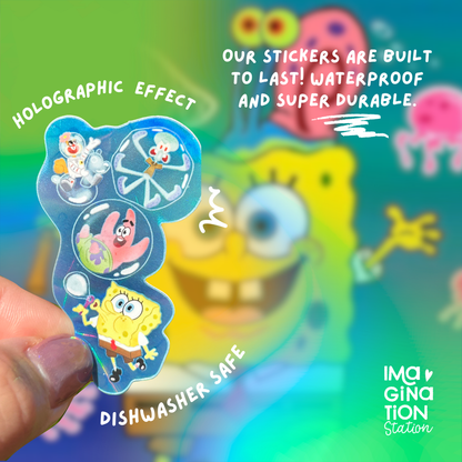 Holographic effect stickers held in front of a colorful background with cartoon characters.