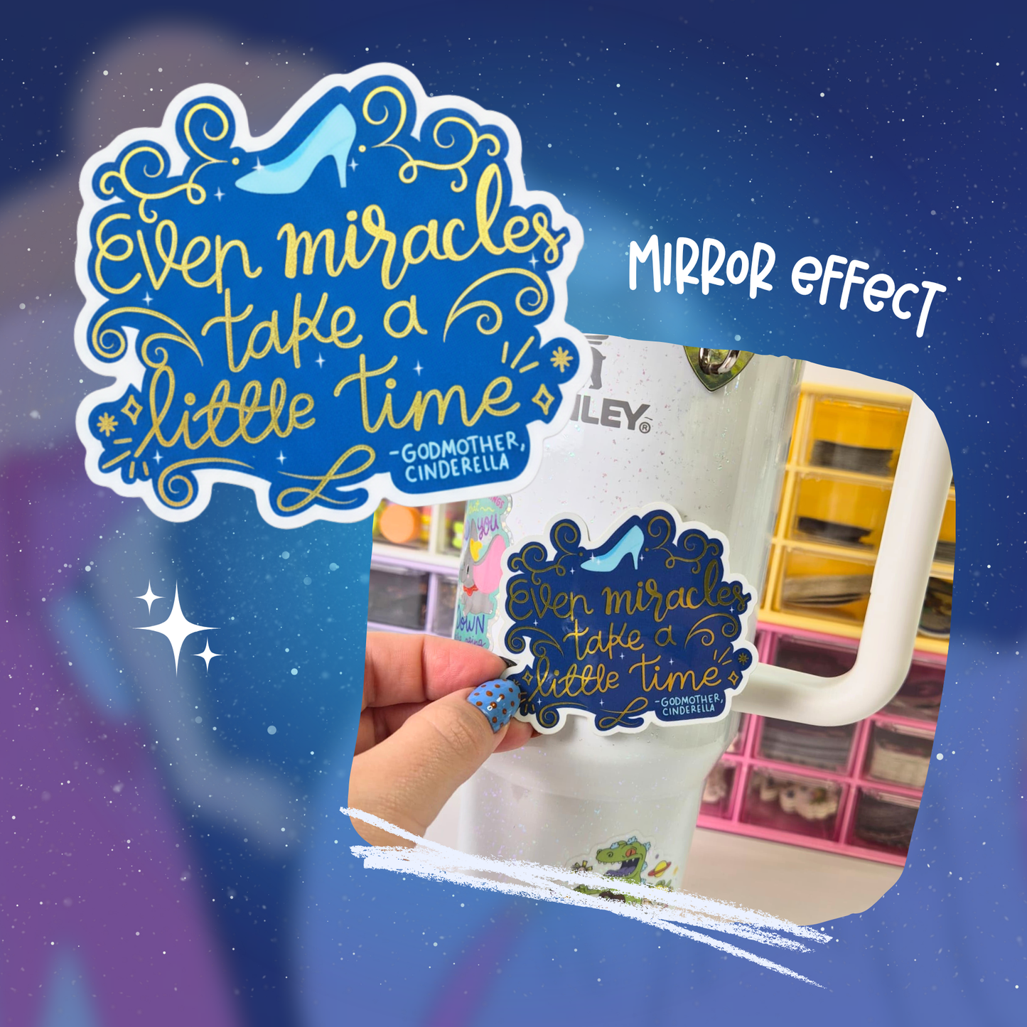 Cinderella bundle contents – Gus Gus acrylic carabiner and mirror vinyl sticker
