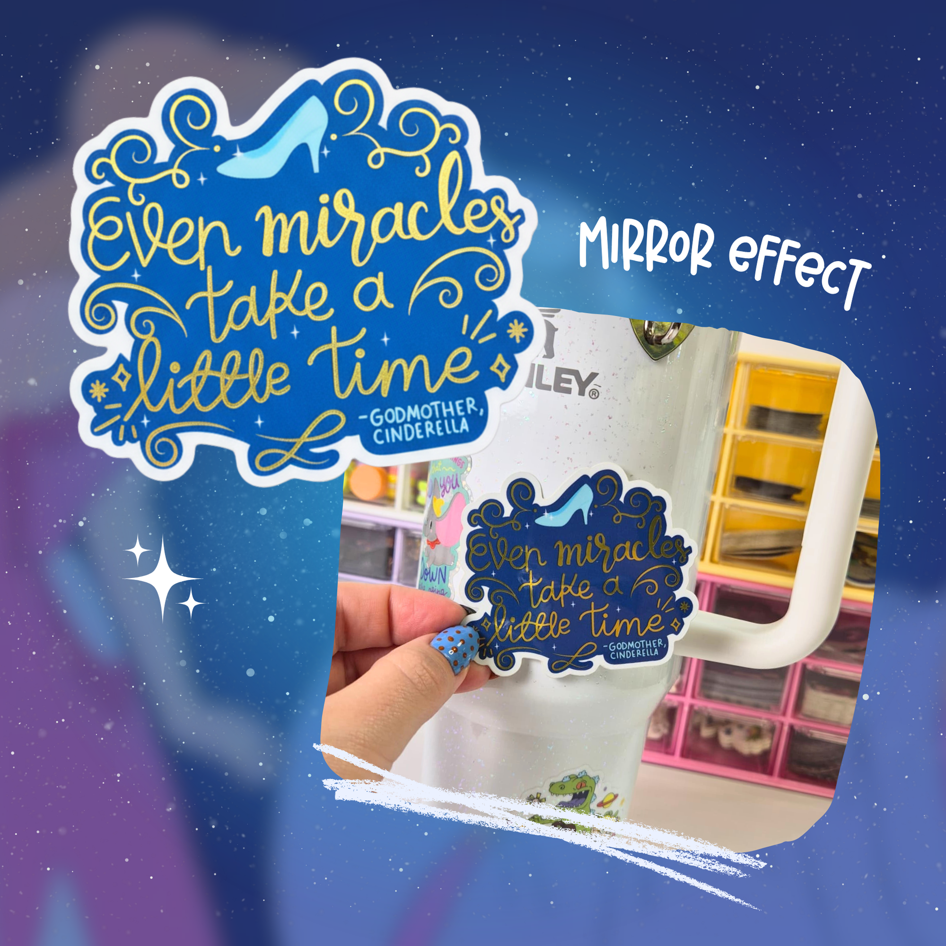 Cinderella bundle contents – Gus Gus acrylic carabiner and mirror vinyl sticker