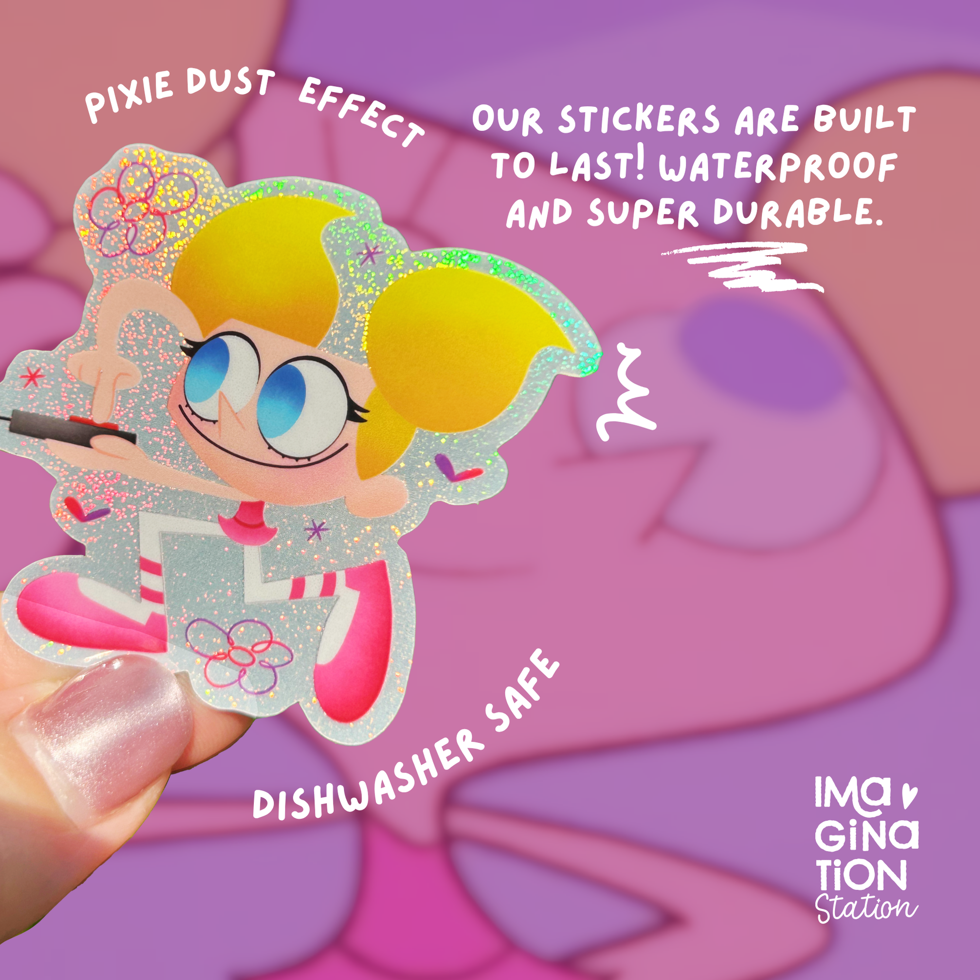 Dee Dee sticker held by hand – Dexter's Laboratory pixie dust glossy 90s waterproof vinyl