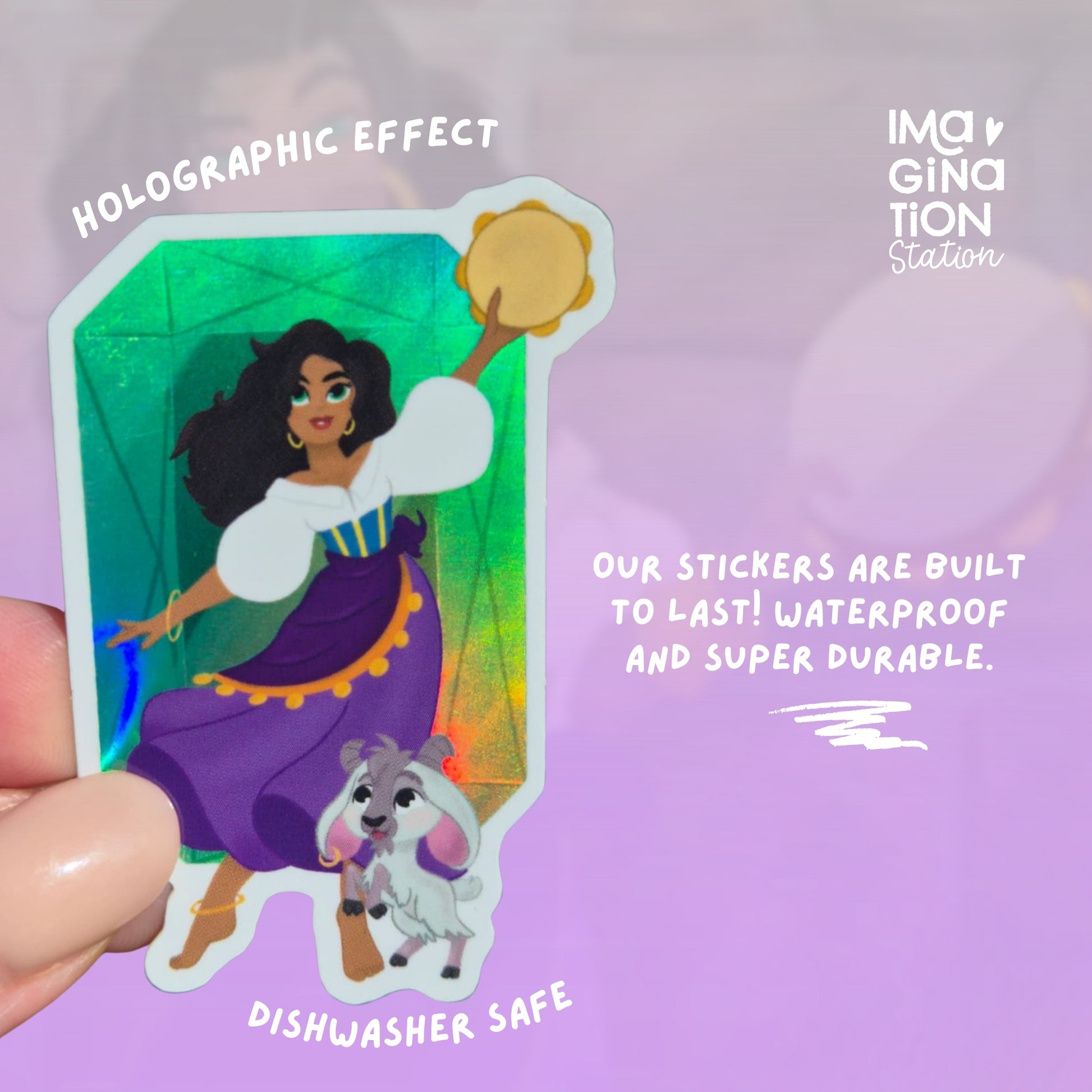Esmeralda Hunchback Notre Dame sticker held by hand – holographic waterproof Disney vinyl