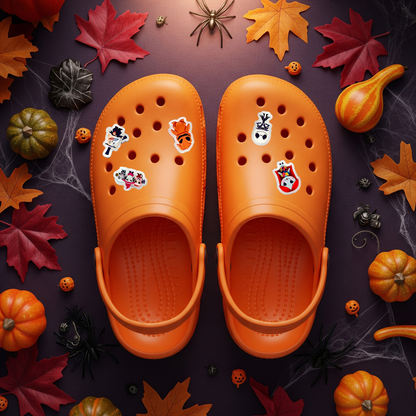 Halloween shoe charms flat lay – full set spooky acrylic croc decoration collection