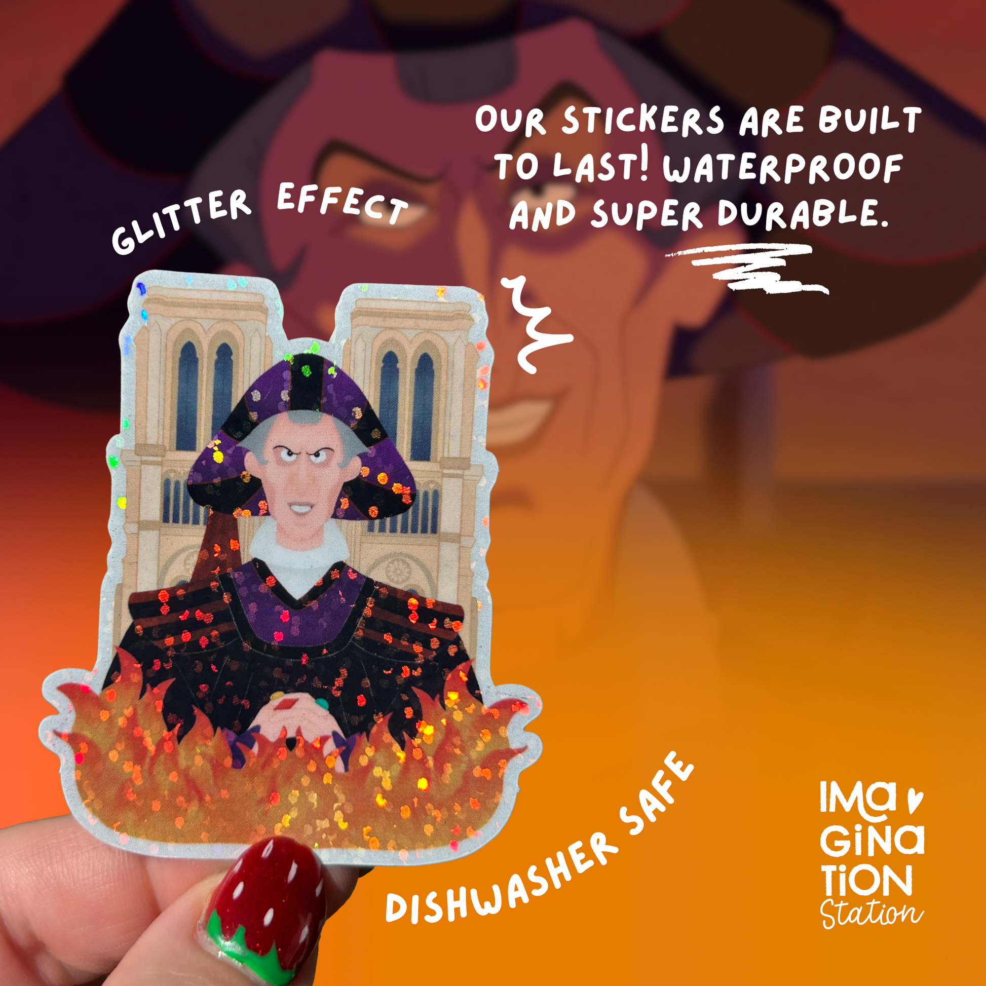 Frollo sticker on water bottle – Hunchback Notre Dame Disney villain glossy vinyl decal