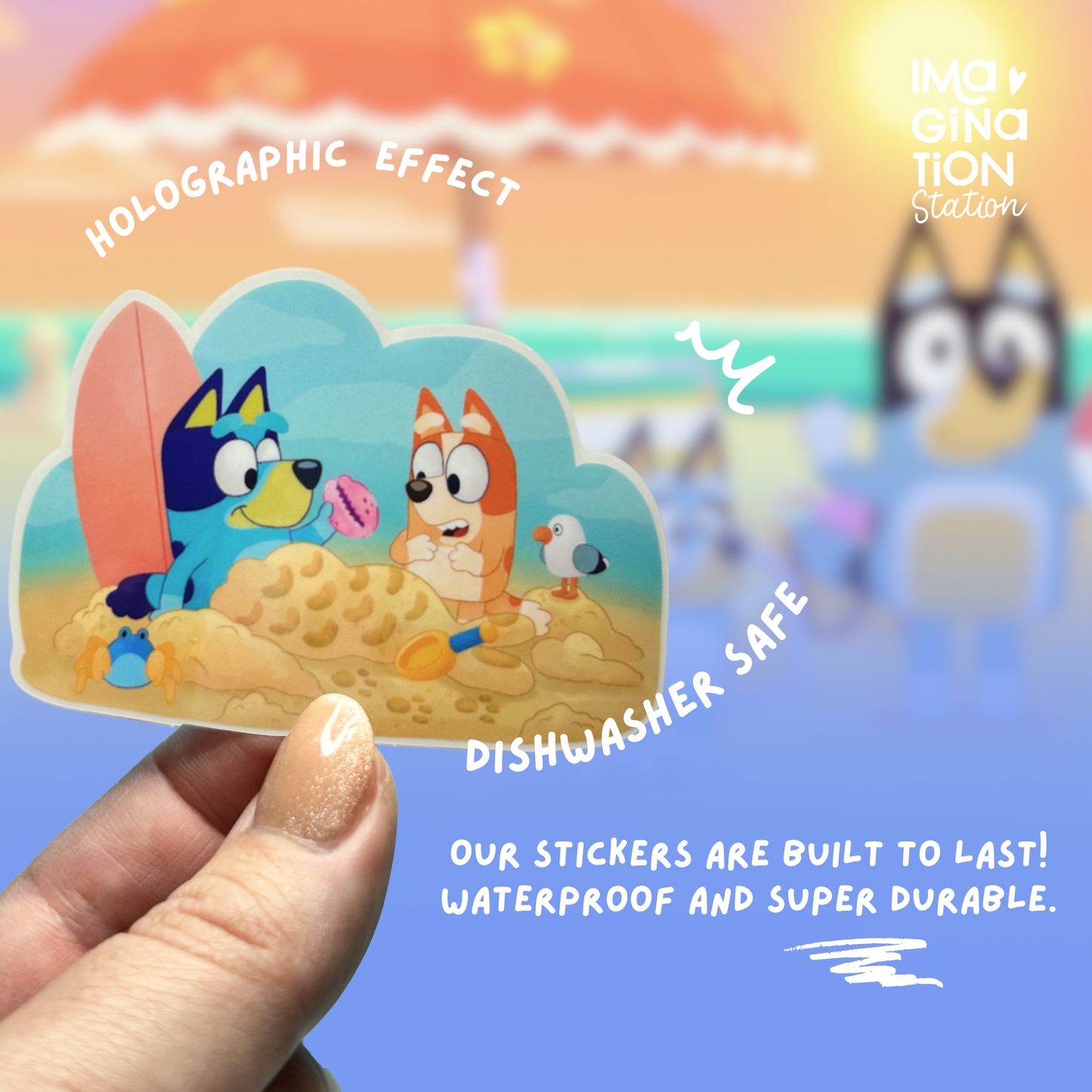 Bluey Bingo beach sticker size reference – clear glossy waterproof Disney vinyl