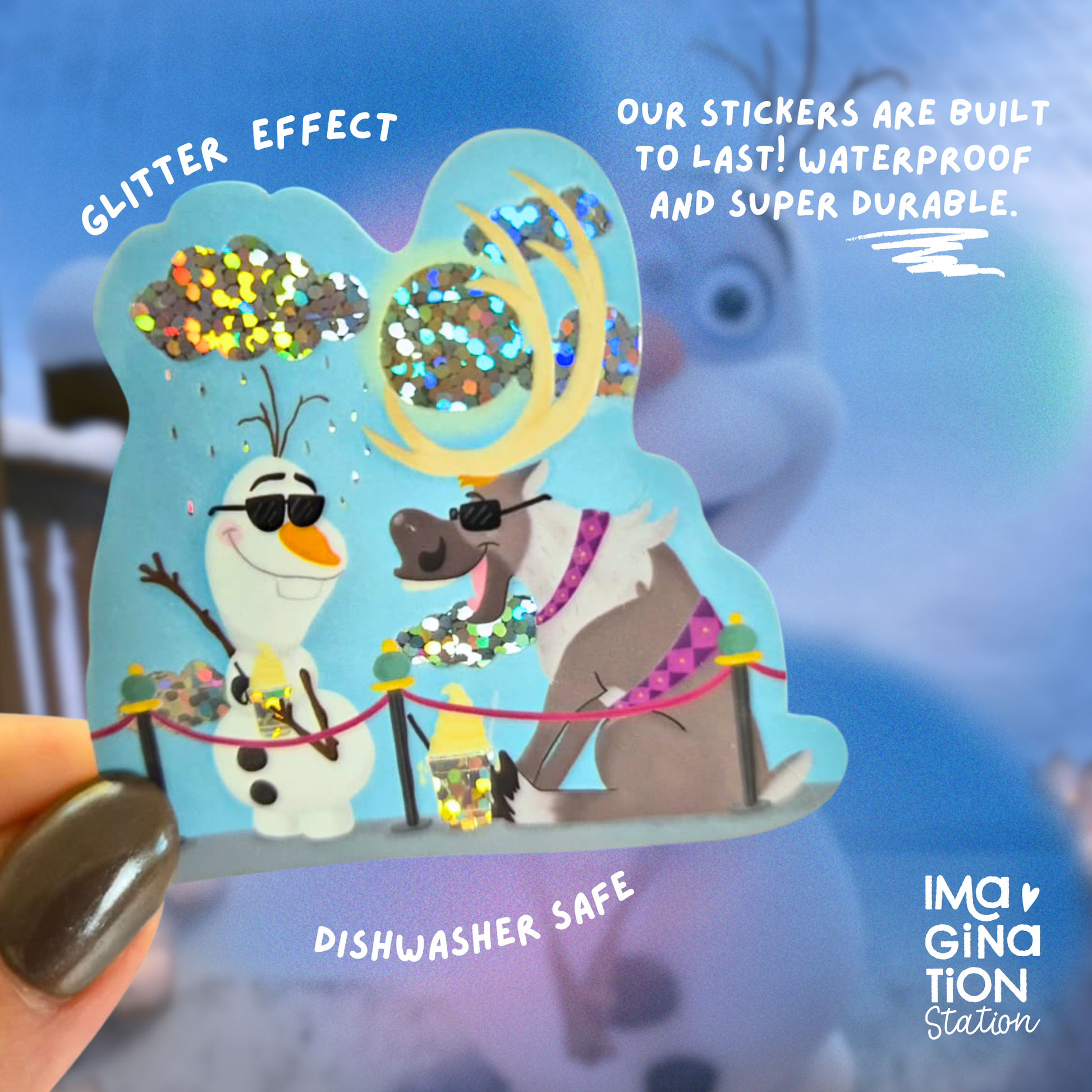 Sticker with cartoon characters and text about durability and glitter effect, held by a hand.