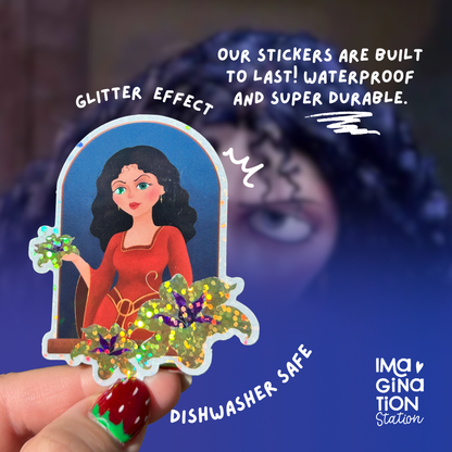 Mother Gothel sticker on water bottle – Tangled Disney villain glitter glossy vinyl decal
