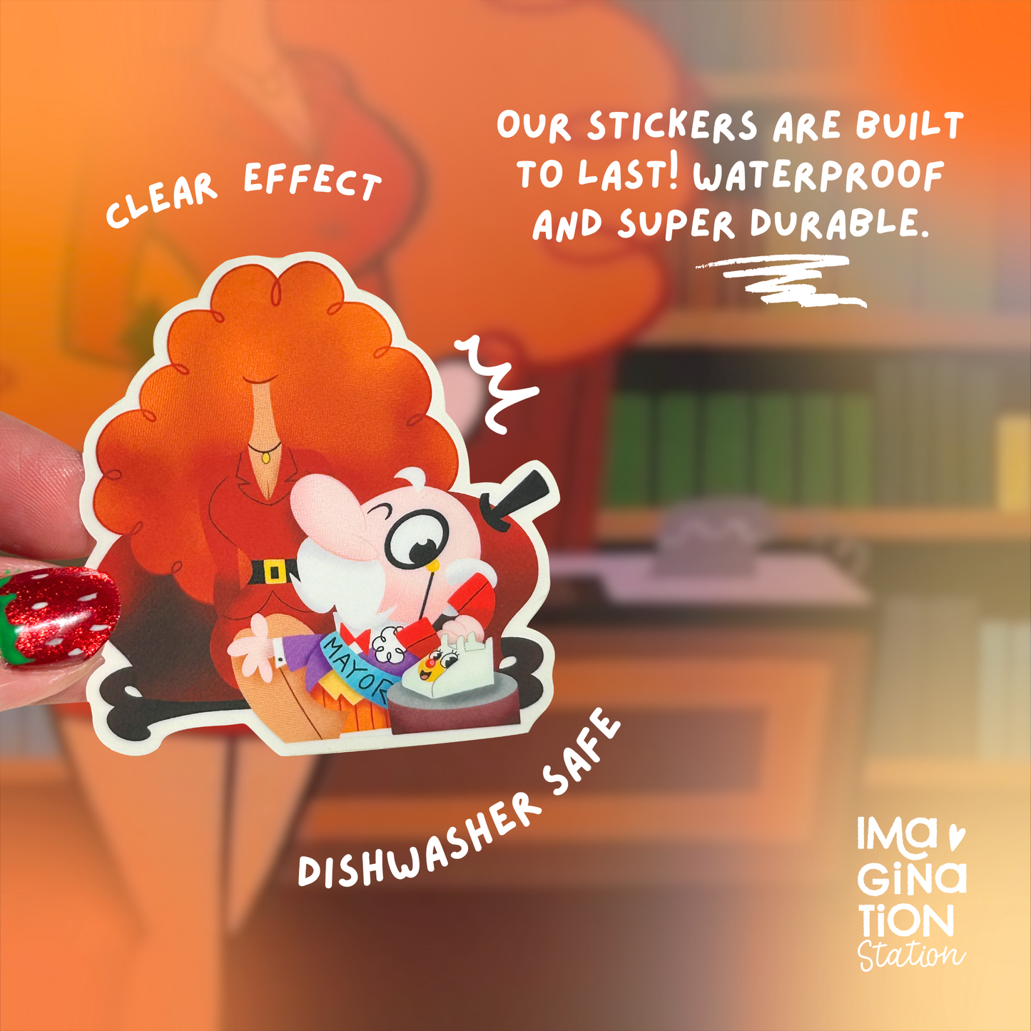Mayor of Townsville Powerpuff Girls sticker held by hand – transparent matte 90s vinyl