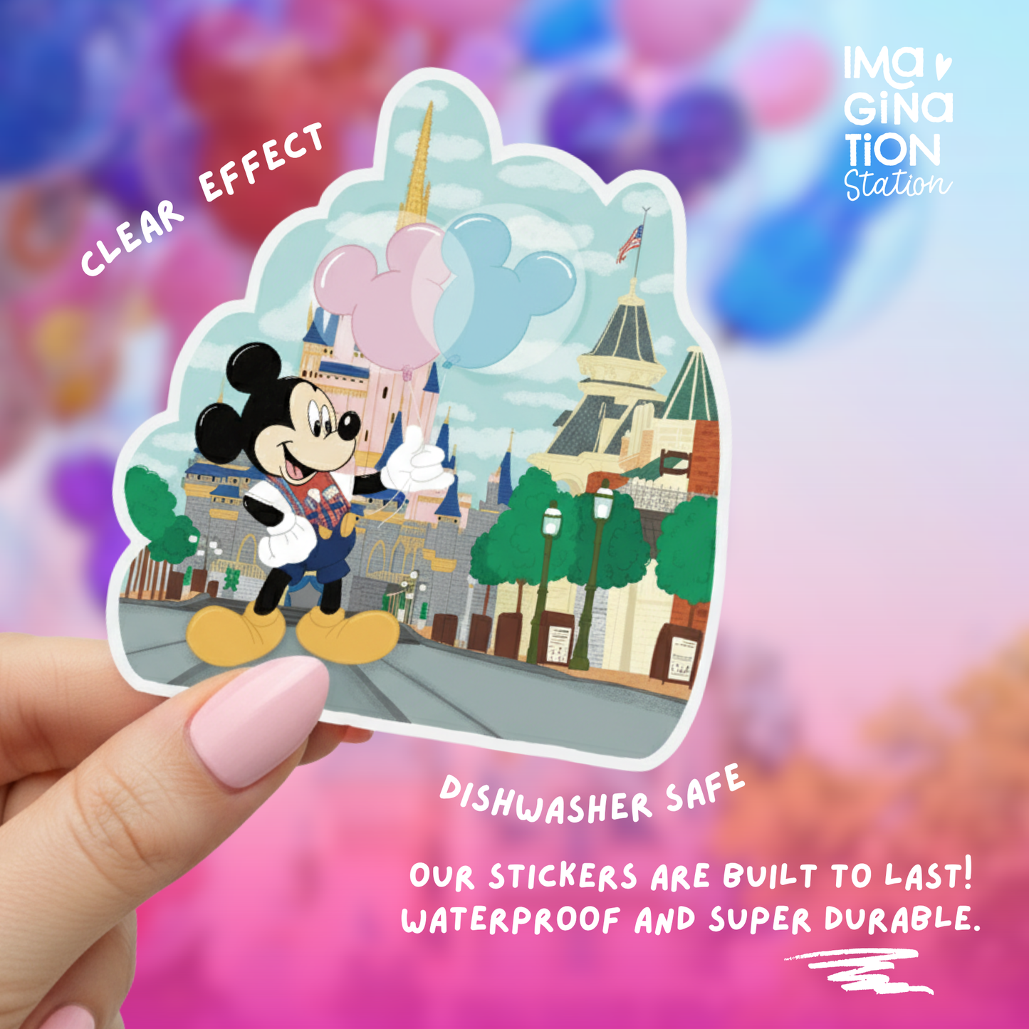 Sticker of Mickey Mouse and Minnie Mouse in front of a castle with text about clear effect, dishwasher safety, and durability.