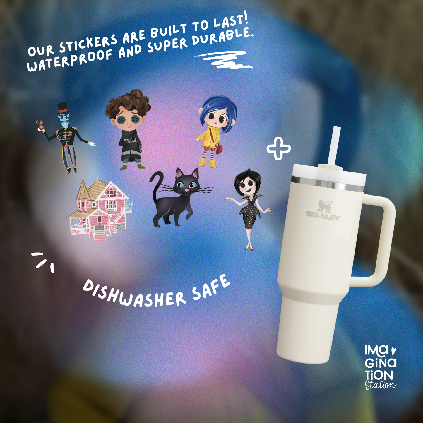 White tumbler with straw on a colorful background with cartoon characters and text about stickers.