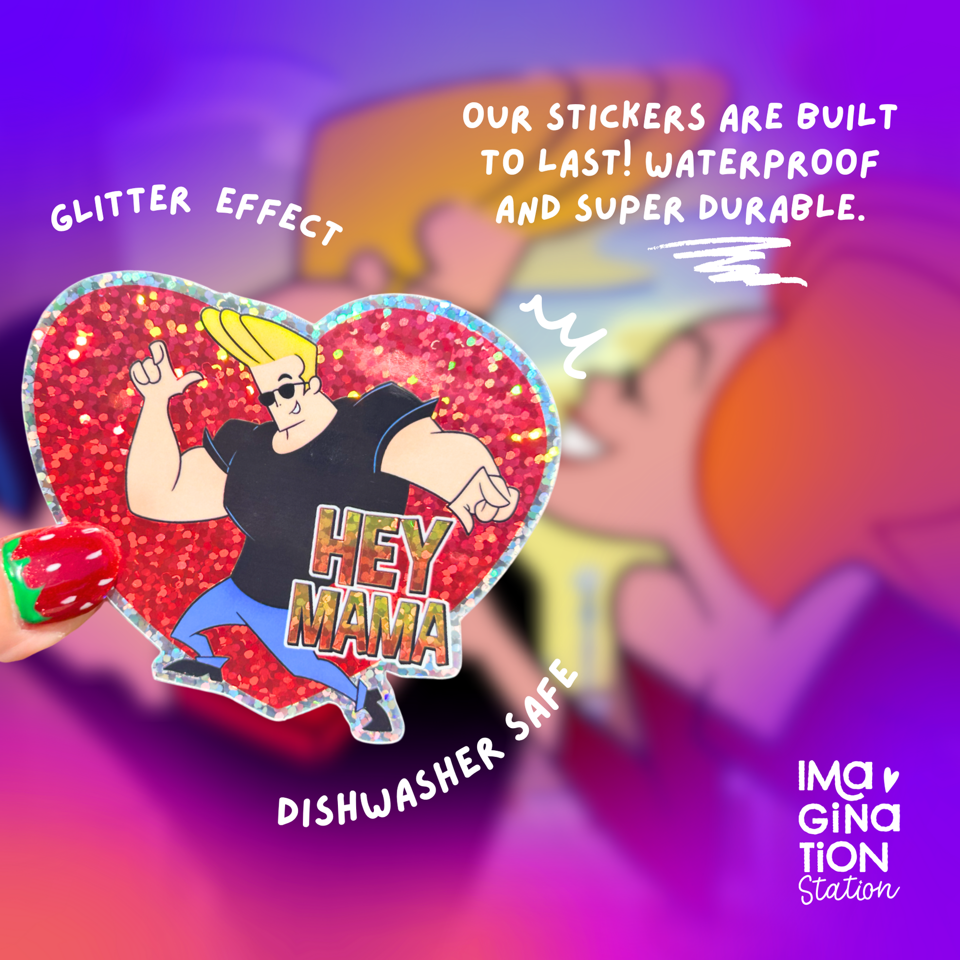 Johnny Bravo glitter sticker held by hand – Hey Mama 90s cartoon waterproof vinyl decal