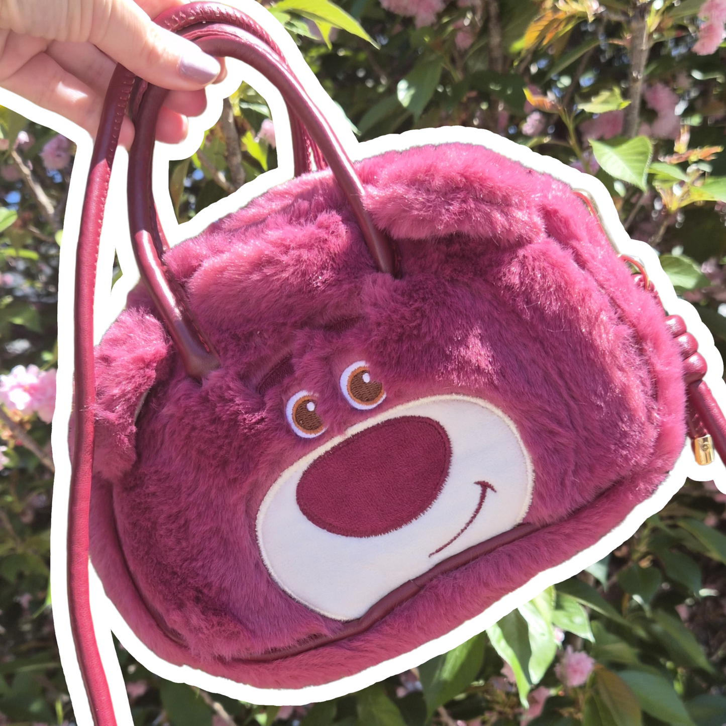 Lotso Bear crossbody bag lifestyle shot – Toy Story Disney Pixar character purse worn as crossbody