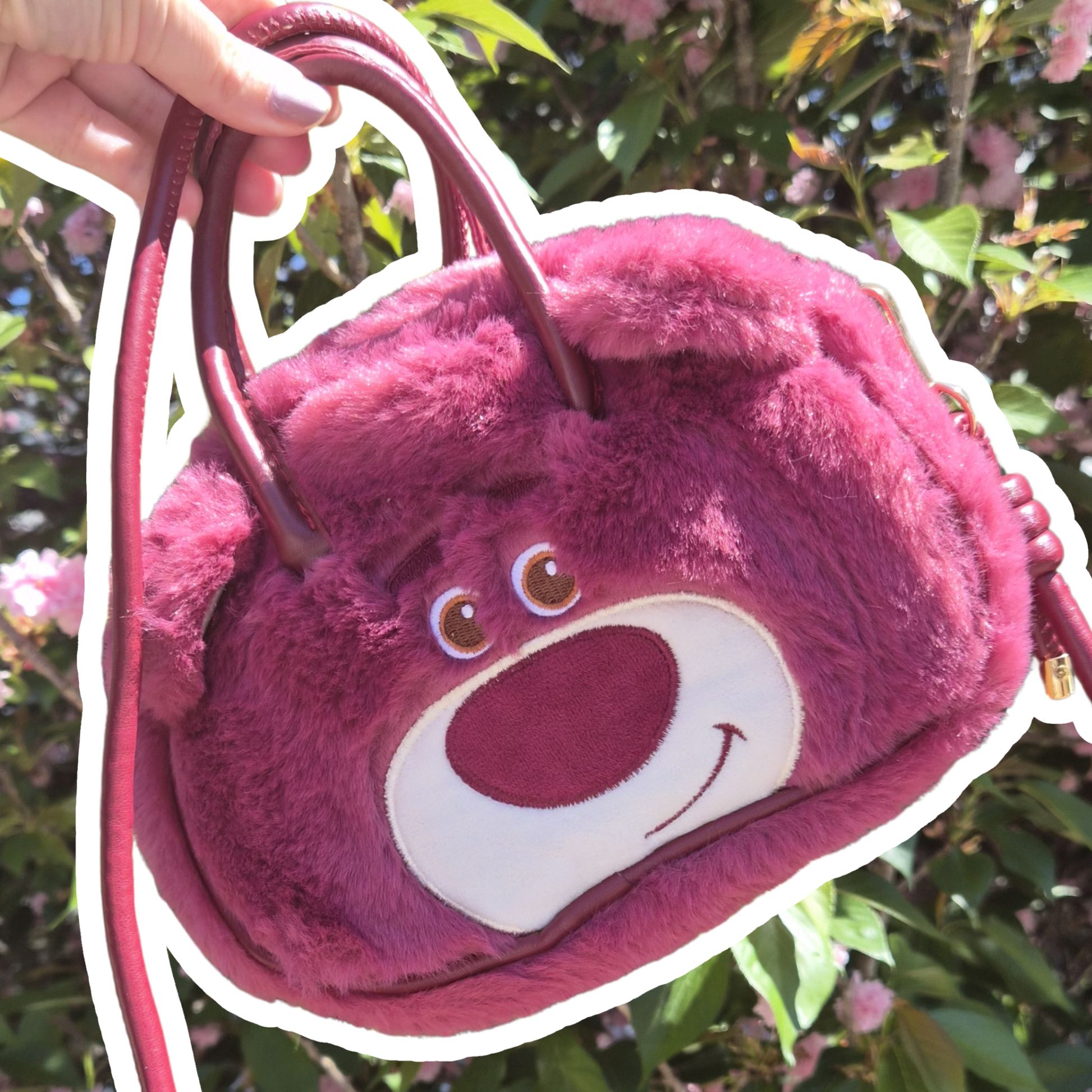 Lotso Bear crossbody bag lifestyle shot – Toy Story Disney Pixar character purse worn as crossbody