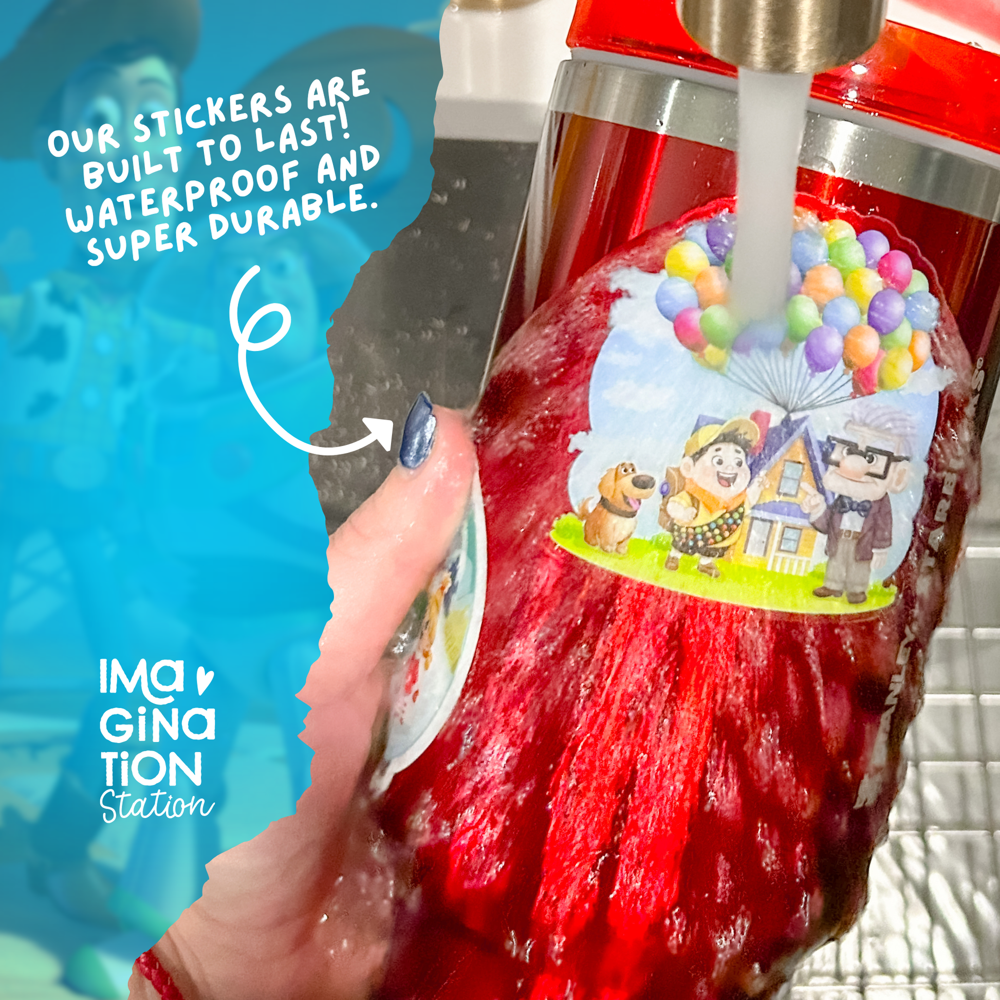 Red bottle with a colorful sticker being washed, with text about waterproof and durable stickers.