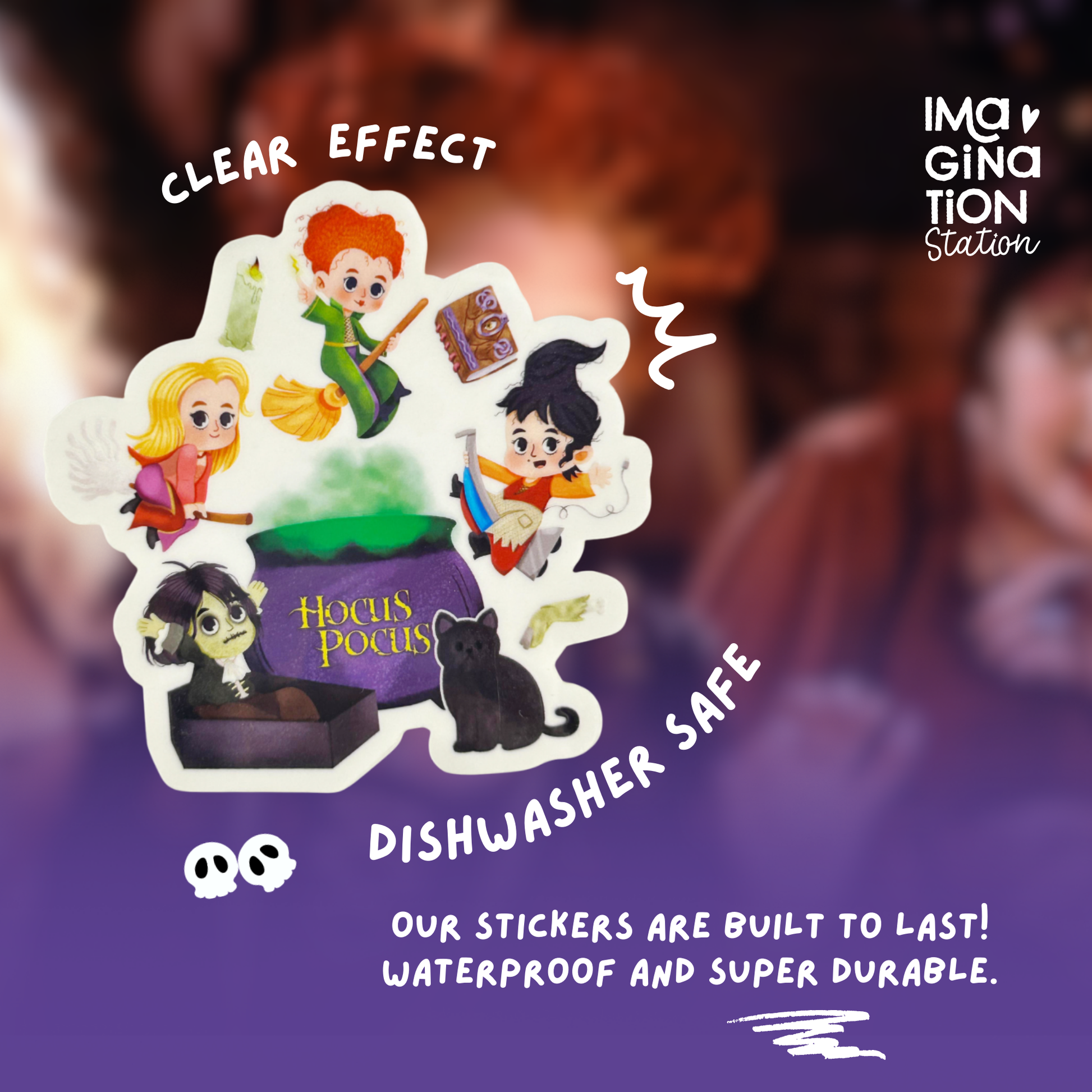 Hocus Pocus sticker held by hand – Sanderson Sisters waterproof Halloween vinyl