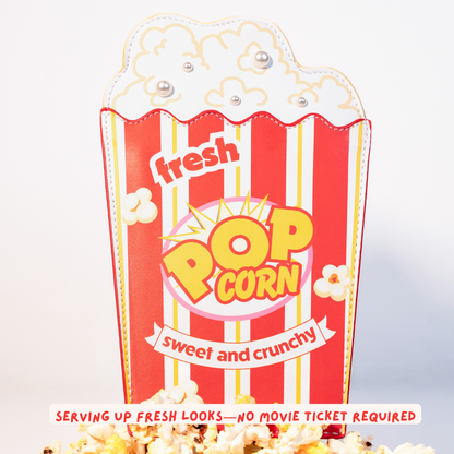 Fresh popcorn novelty bag close up showing pearl stud details on top