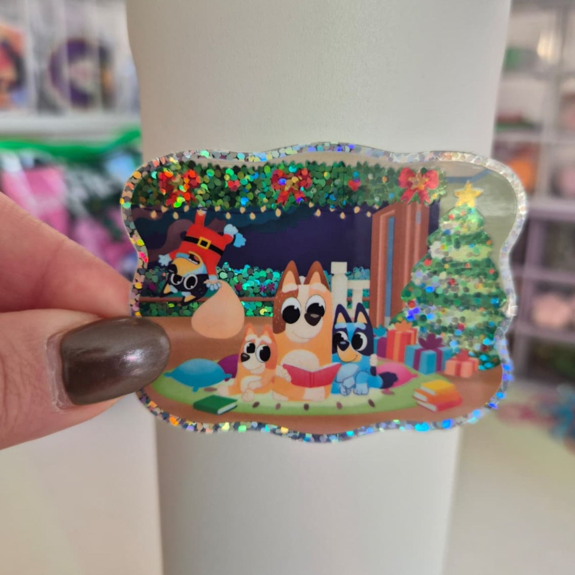 Decorative sticker with cartoon characters on a white cup