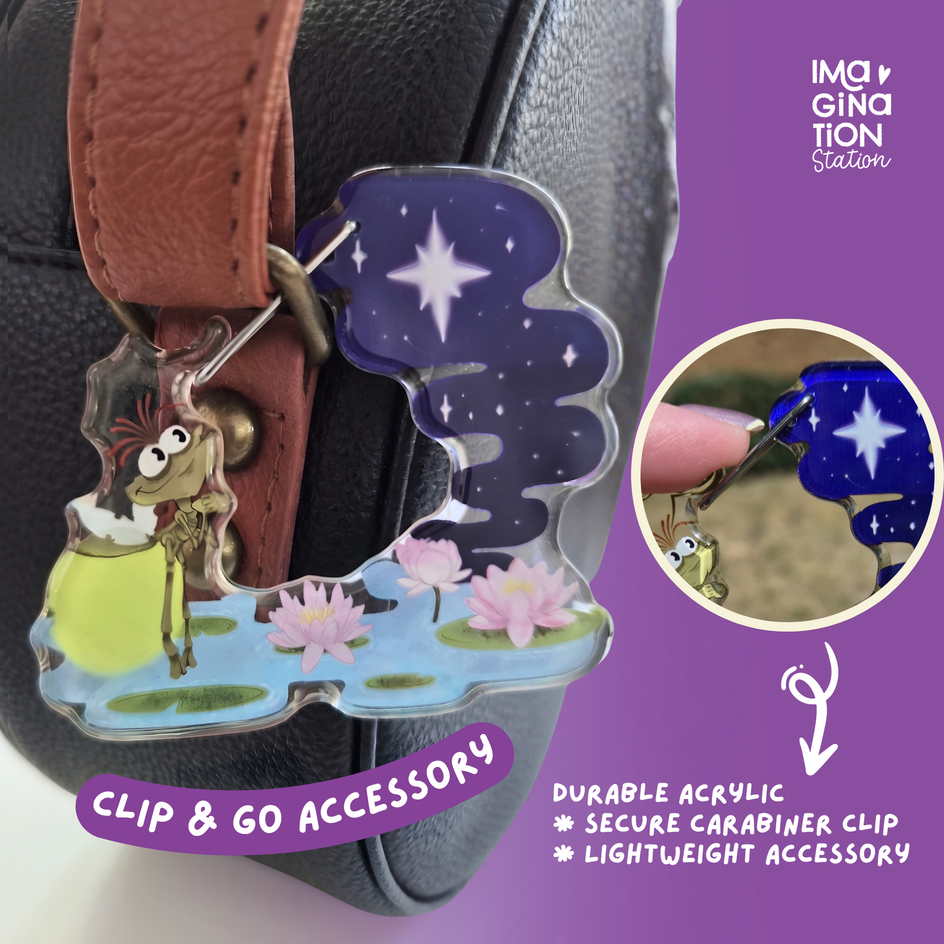 Clip & go accessory with character design on a carabiner, featuring a purple background with text.