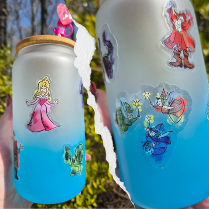 Aurora Sleeping Beauty sticker sheet held by hand – clear glossy Disney vinyl set