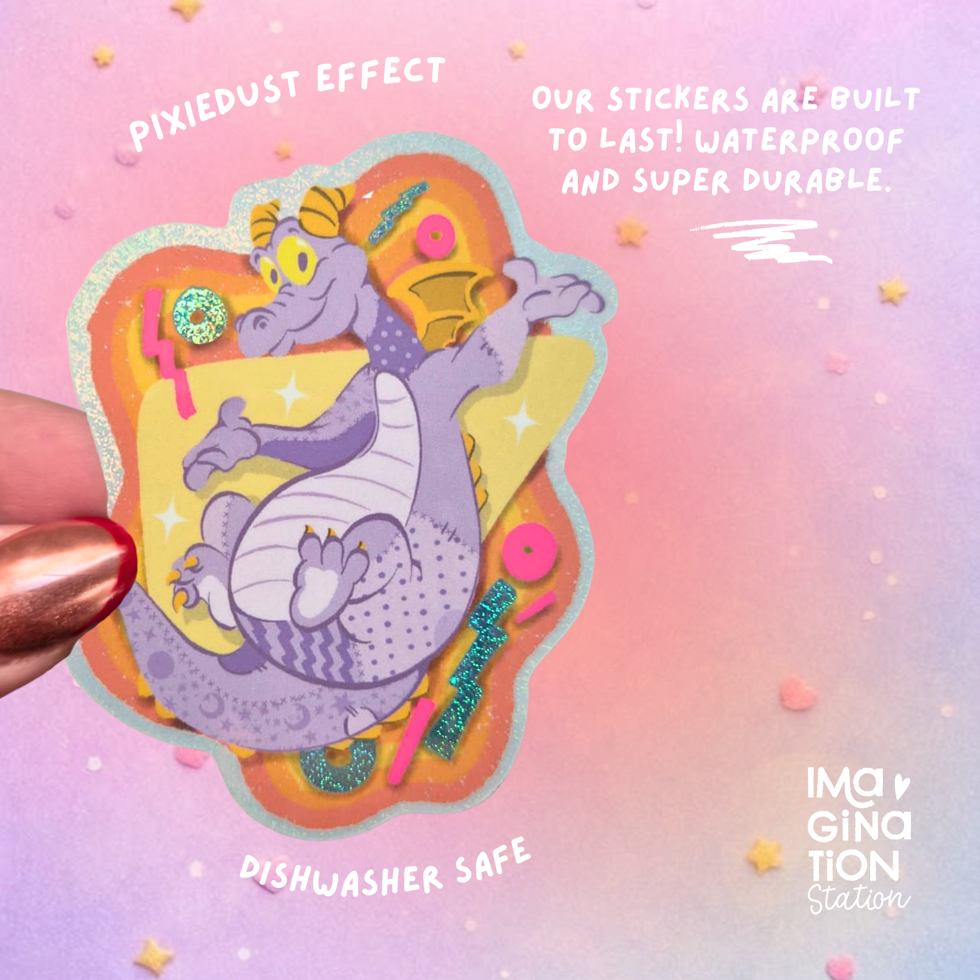 Figment sticker held by hand – EPCOT purple dragon pixie dust Disney vinyl