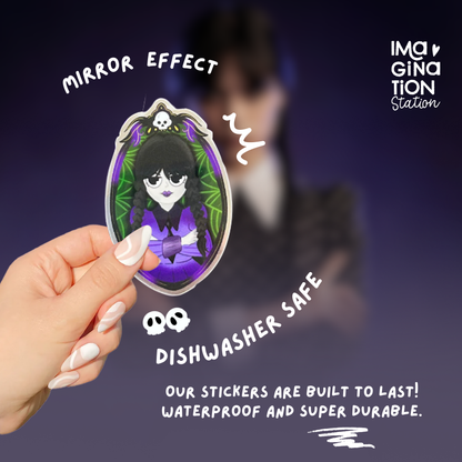Wednesday Addams sticker on water bottle – gothic mirror glossy dark academia vinyl