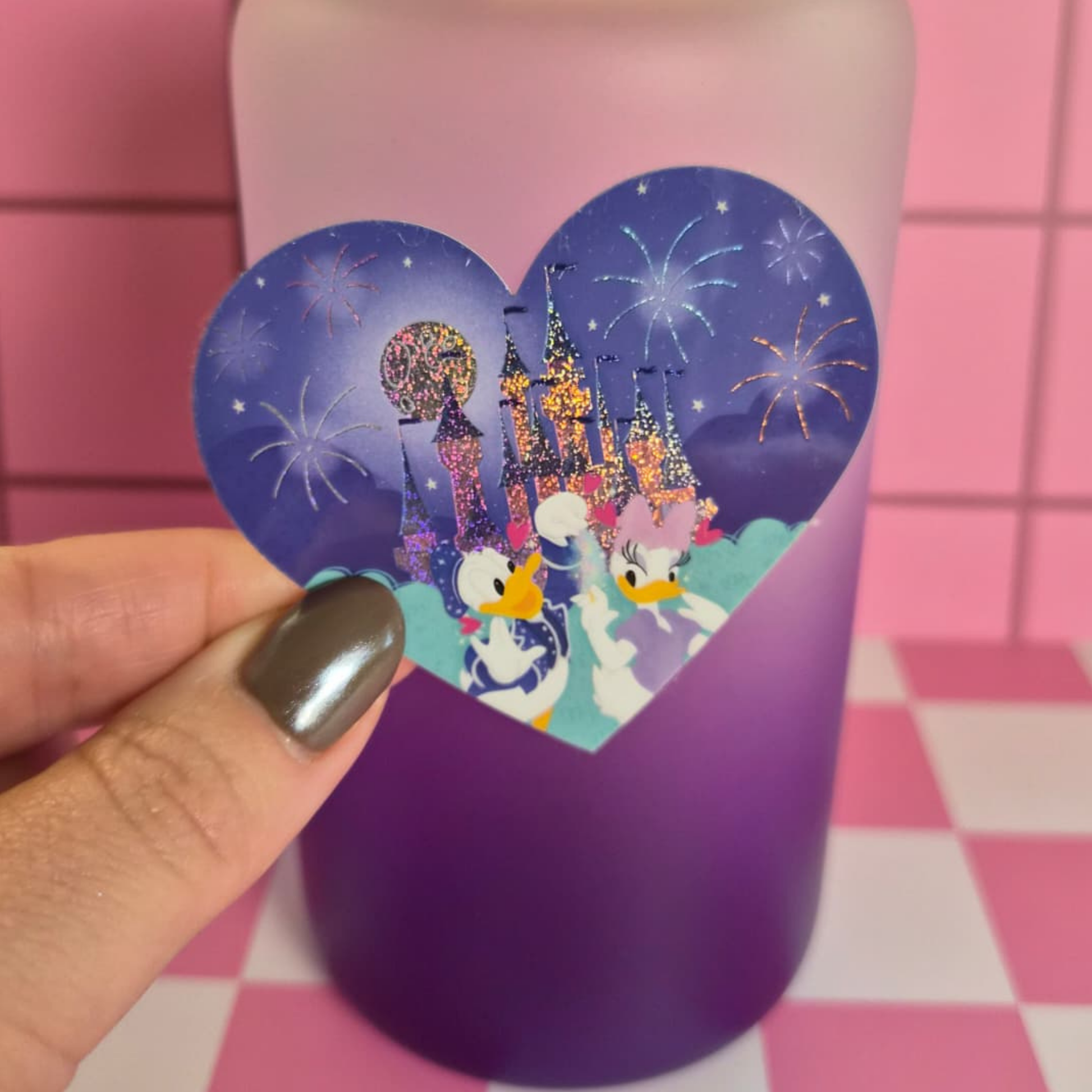 Donald and Daisy Duck proposal sticker held by hand – 2.6 x 2.3 inch glossy Disney vinyl
