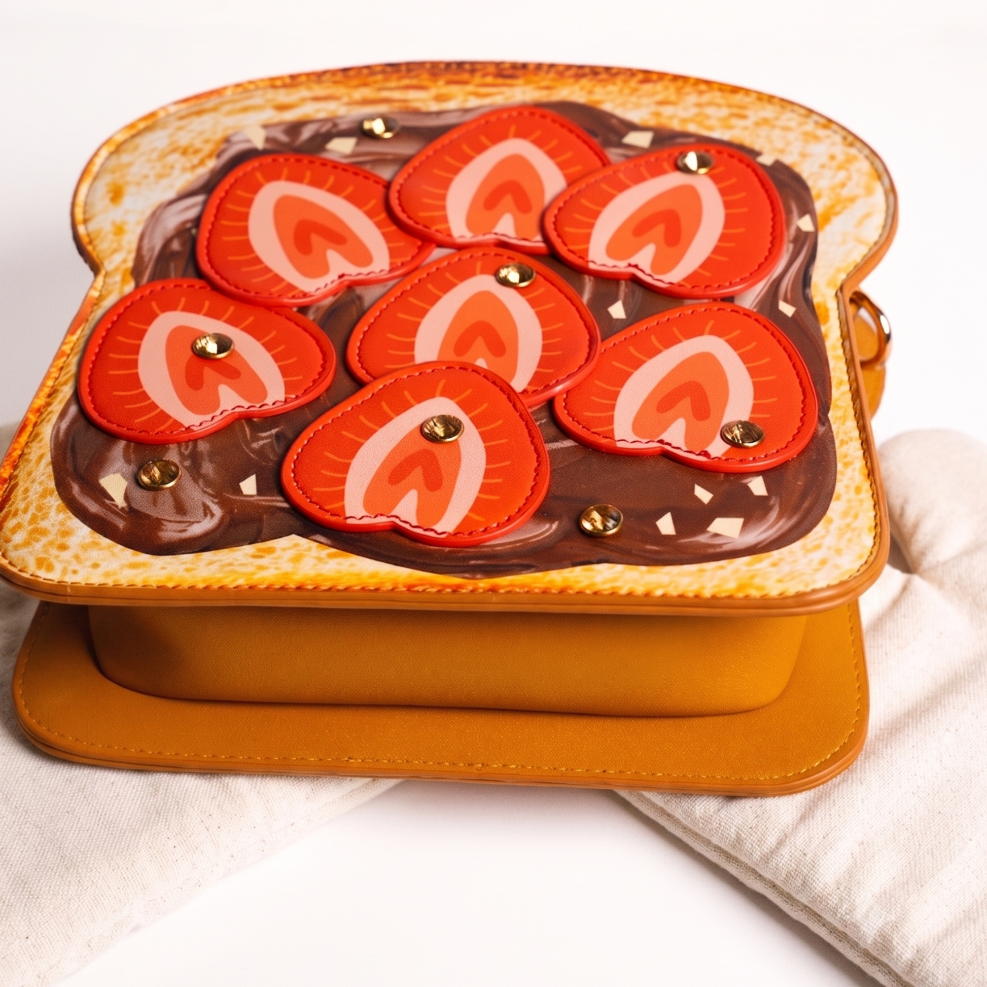 Nutella toast food purse side view showing gold stud embellishments