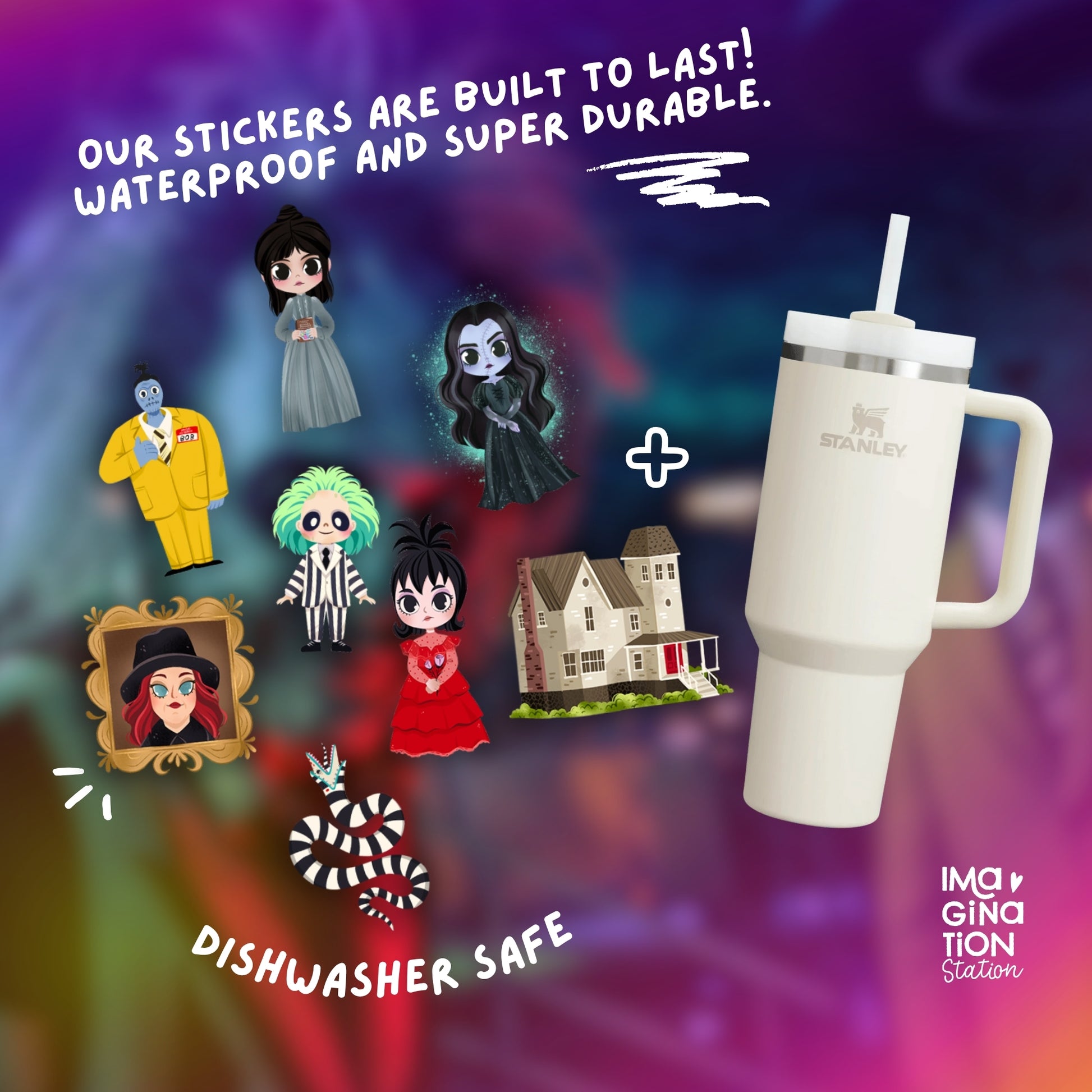 Stickers and a tumbler with text about durability on a colorful background