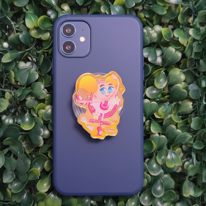 Dee Dee Dexter phone holder expanded – collapses flat holographic acrylic grip
