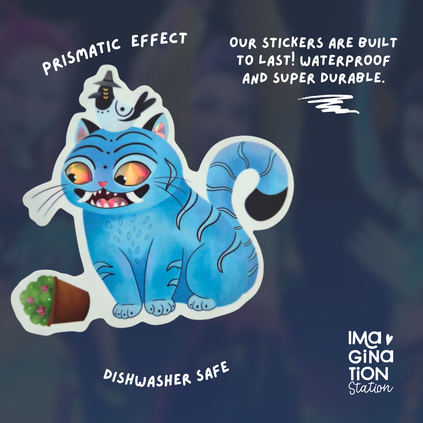 Derpy tiger K-Pop sticker on water bottle – prismatic holographic kawaii vinyl
