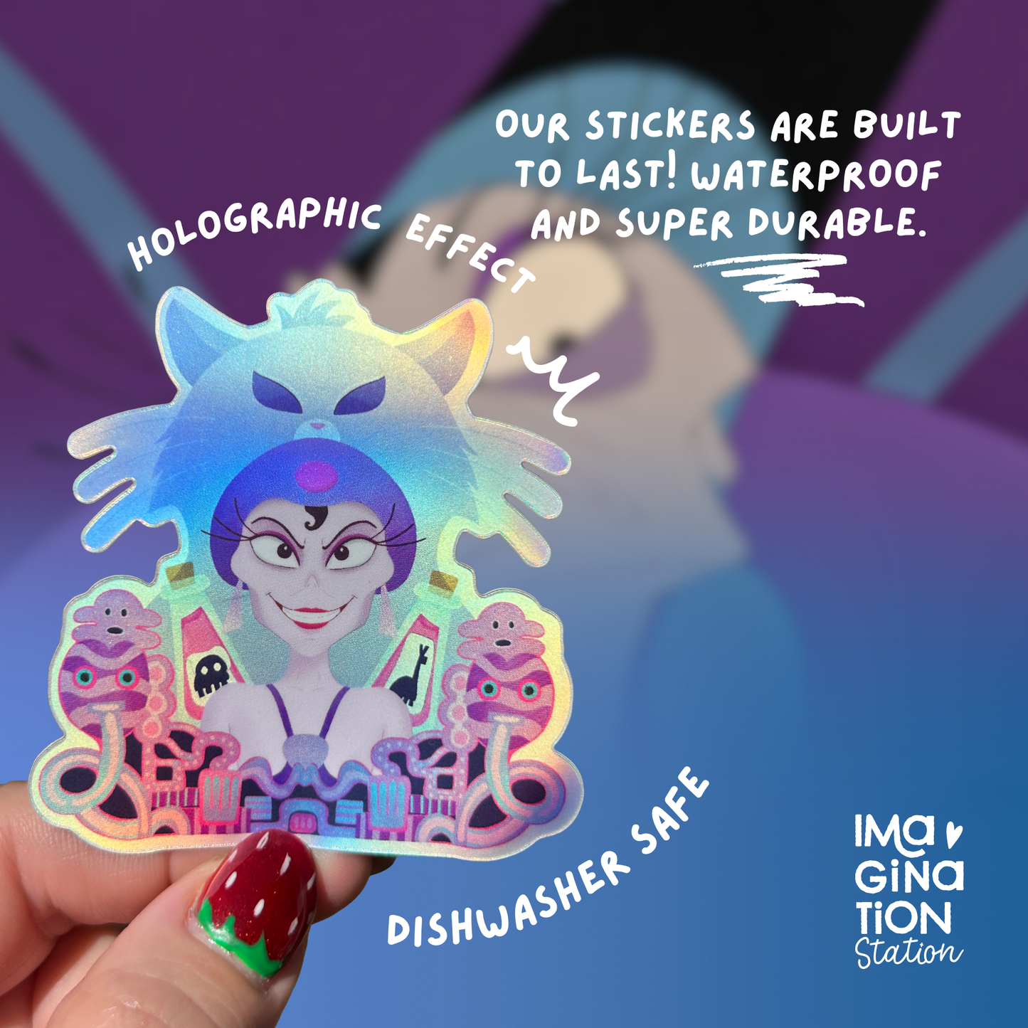 Yzma sticker on water bottle – Emperor's New Groove holographic Disney villain vinyl